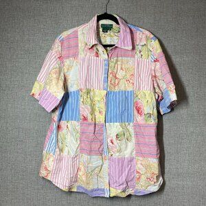 LRL 3X Pastel Pink Floral Stripe Patchwork Short Sleeve Button Vintage Shirt